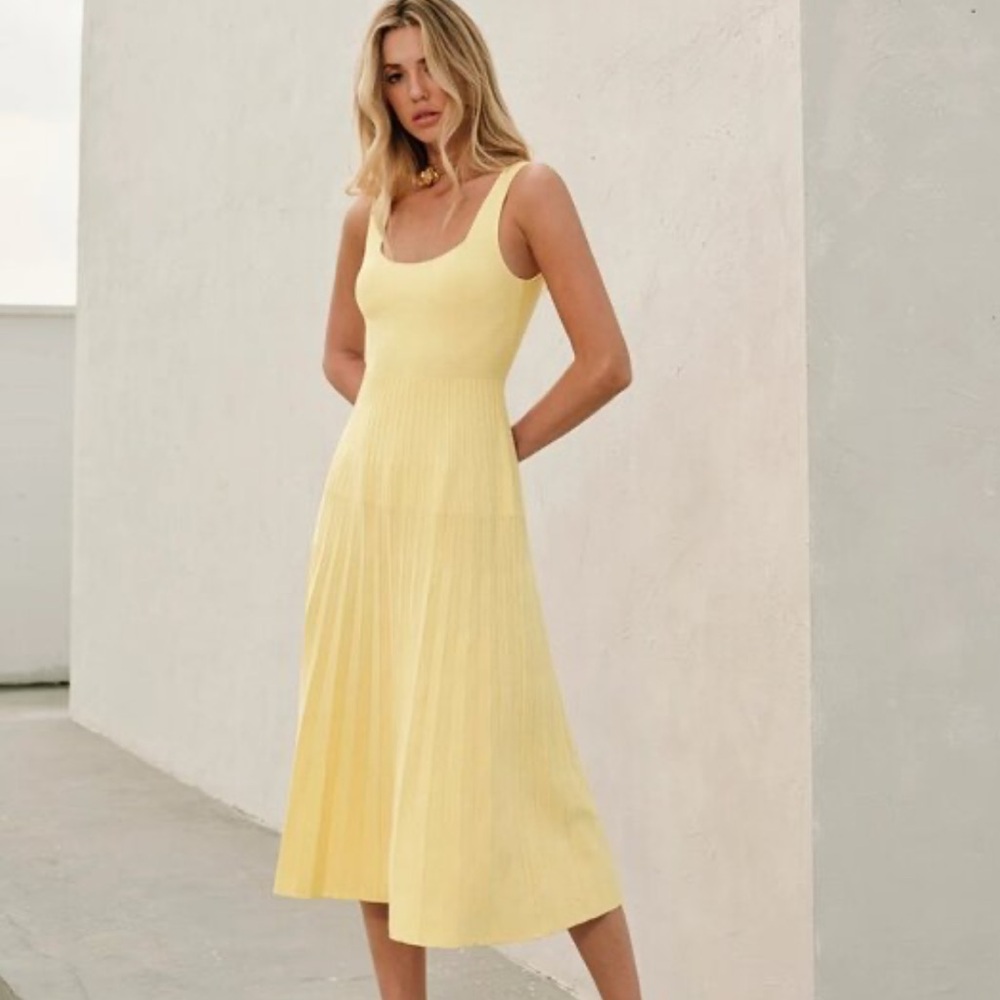 Commense Yellow Pleated Midi Dress